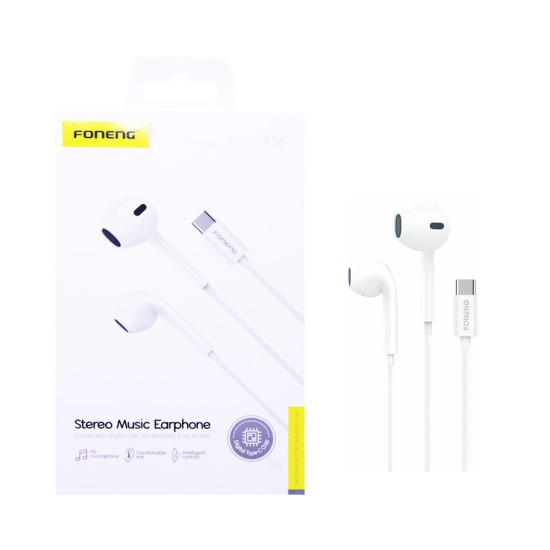 Foneng Wired Earphones T36 Type-C with Microphone 1.2M White